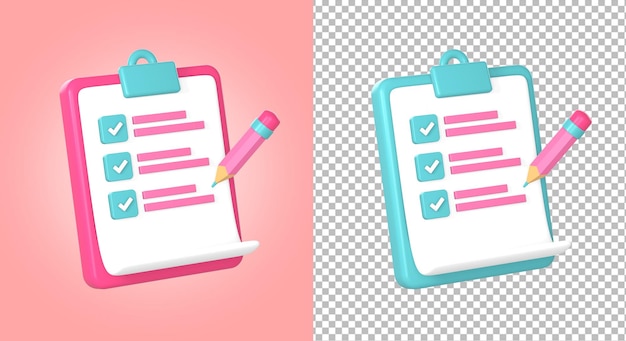 3d clipboard item list with check mark and pencil icon illustration