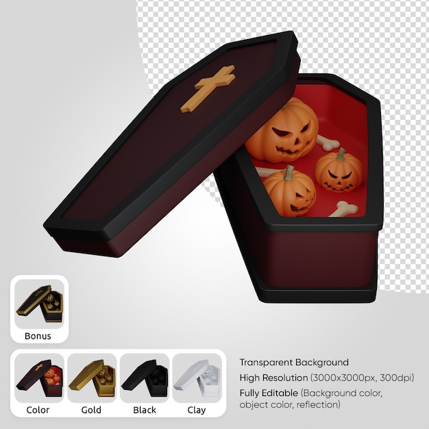 3d coffin with pumpkin and bones