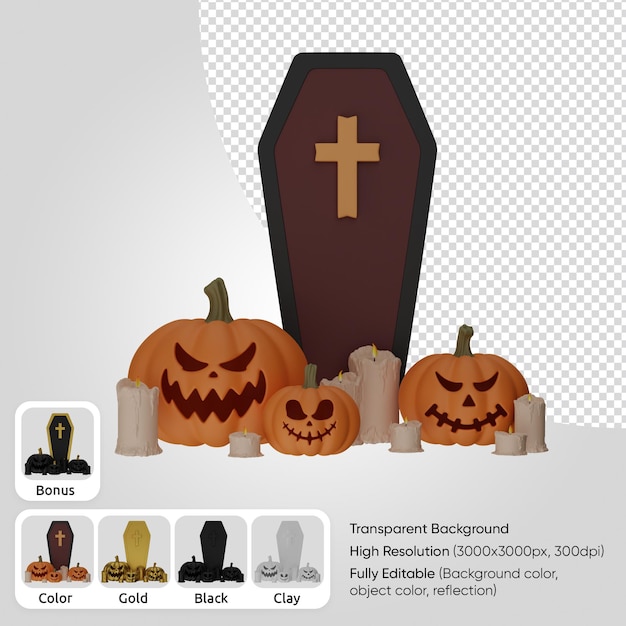 3d coffin with pumpkin and candle