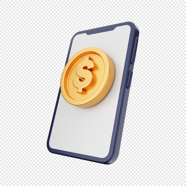 3d coin gold dollar with smartphone