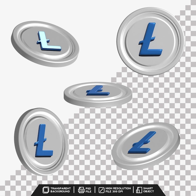 3d coin set of litecoin white with different point of view