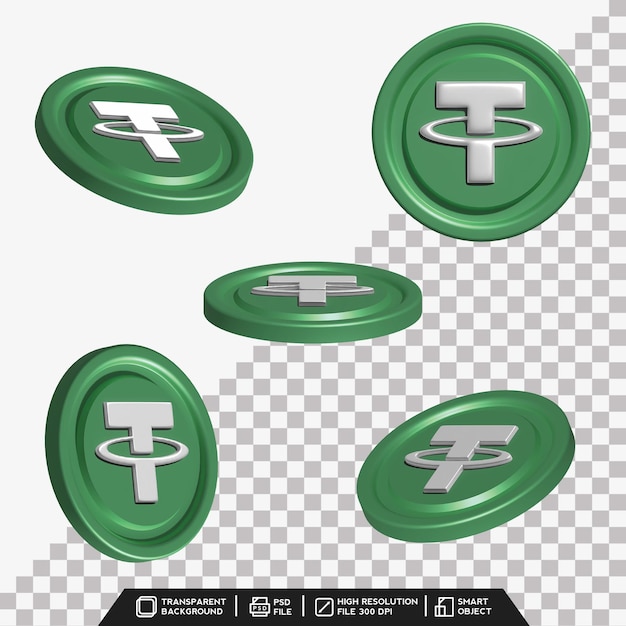 3d coin set of tether green with different point of view