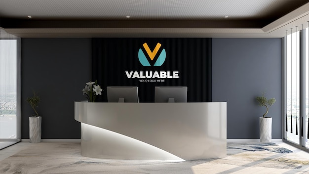 3d colorful company logo mockup in the modern office reception desk