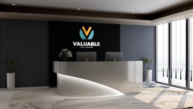 3d colorful company logo mockup in the modern office reception desk