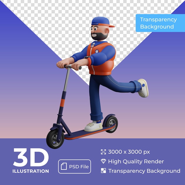 3d colorful illustration cartoon character young man on scooter with transparent background