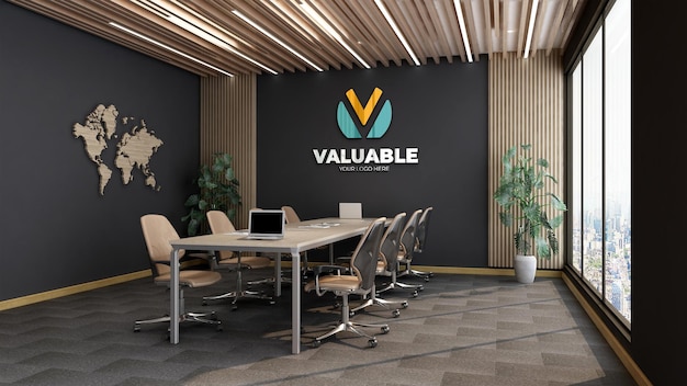 3d company logo mockup in the modern office meeting room