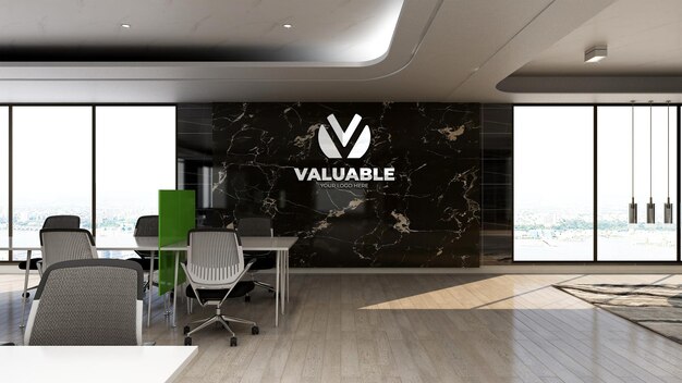 3d company logo mockup in office work area with luxury design interior