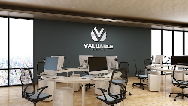 3d company logo mockup in the office workspace