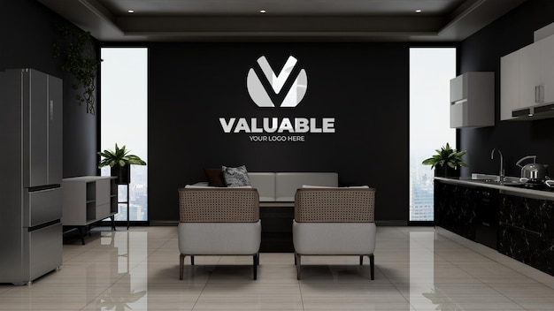 3d company logo mockup in the wooden office lobby waiting room with sofa