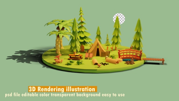 3d concept illustration camping with a tent in the park