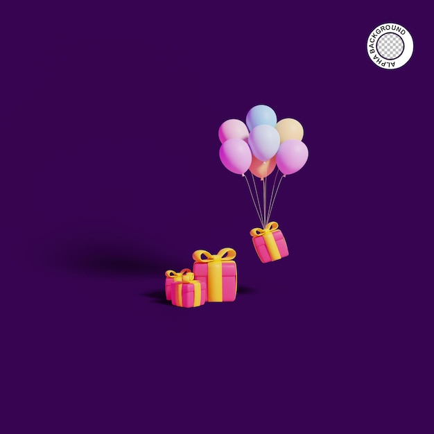 3d concept rendering awesome balloon decoration  and gift box premium psd