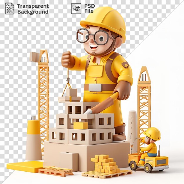 3d construction worker cartoon building a skyscraper with a yellow crane and toy wearing a yellow hat and black glasses and holding a yellow toy