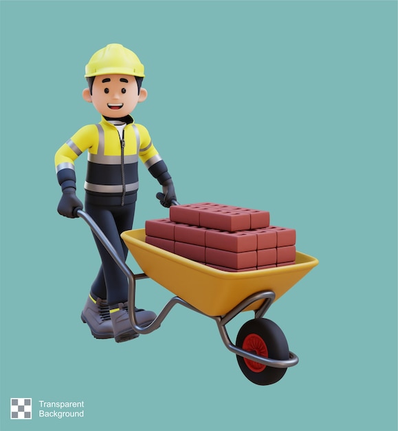 PSD 3d construction worker character carrying bricks with wheelbarrow