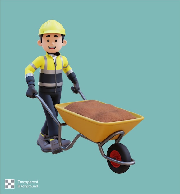 PSD 3d construction worker character carrying cement with wheelbarrow