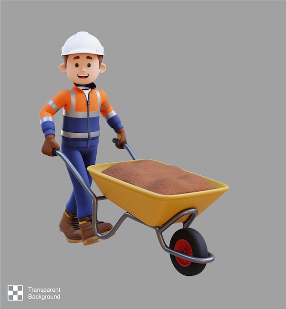 PSD 3d construction worker character carrying cement with wheelbarrow