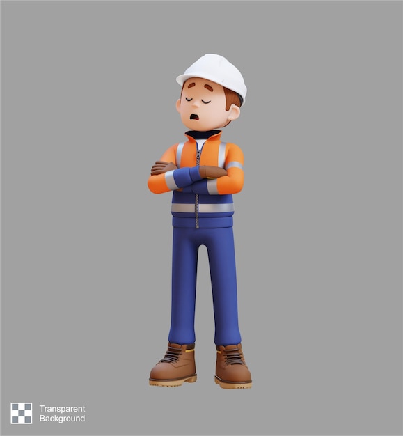 PSD 3d construction worker character in denial or dissatisfaction pose