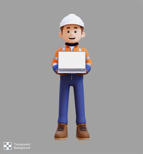 PSD 3d construction worker character holding laptop with empty screen