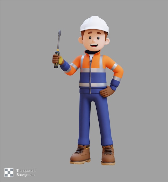 PSD 3d construction worker character holding screwdriver in confident pose