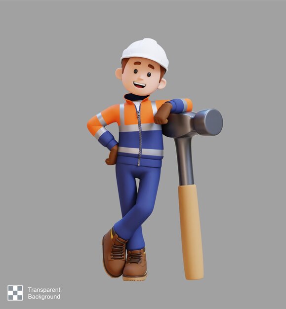 PSD 3d construction worker character lying on big hammer