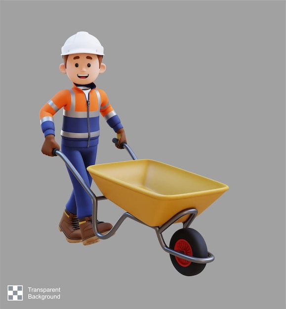 PSD 3d construction worker character work on wheelbarrow