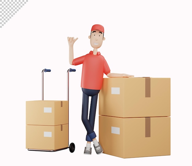 3d courier character leaning on pile of cardboard and raising thumbs up on white background