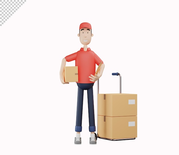 3d courier character lifting cardboard beside hand truck on white background