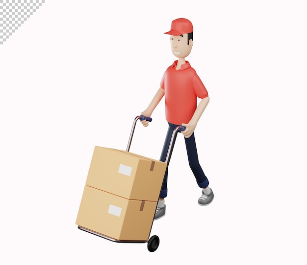 3d courier character pushing a hand truck on a white background 3d rendering illustration