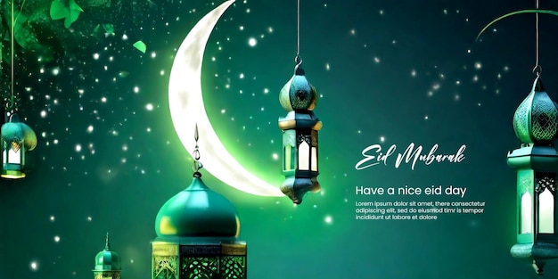 3d Crecent moon and lantern for Ramadan and Eid background design template for Muslim festival