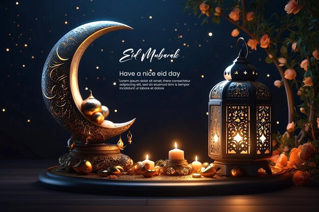 3d Crecent moon and lantern for Ramadan and Eid background design template for Muslim festival