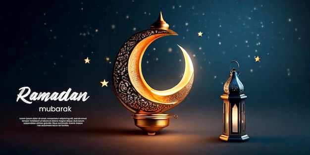 3d crescent moon and lantern Ramadan background design template