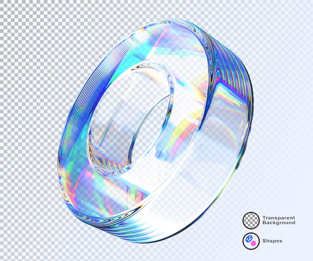 PSD 3d crystal light holographic glass ring render isolated icon abstract transparent circle geometric figure with iridescent gradient dispersion of prism refraction on blue background