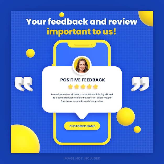 3d customer feedback review or testimonial design social media instagram post template with mockup