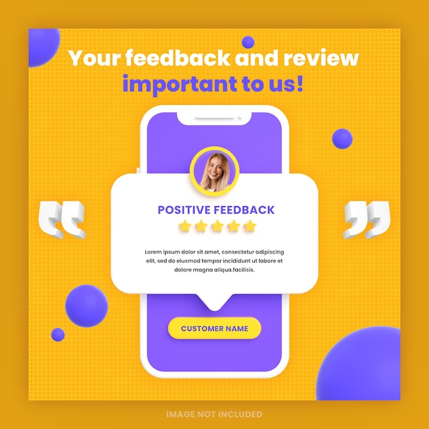 3d customer feedback review or testimonial design social media instagram post template with mockup