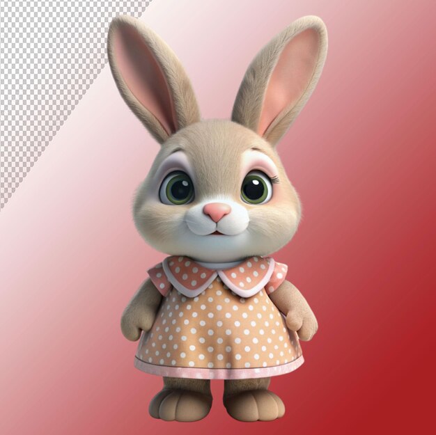 PSD 3d cute baby bunny wearing frock on transparent background