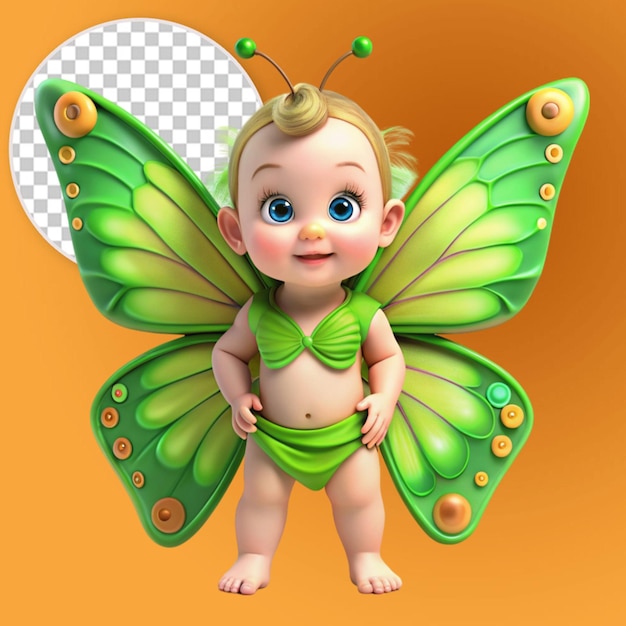 3d cute baby girl with green butterfly wings