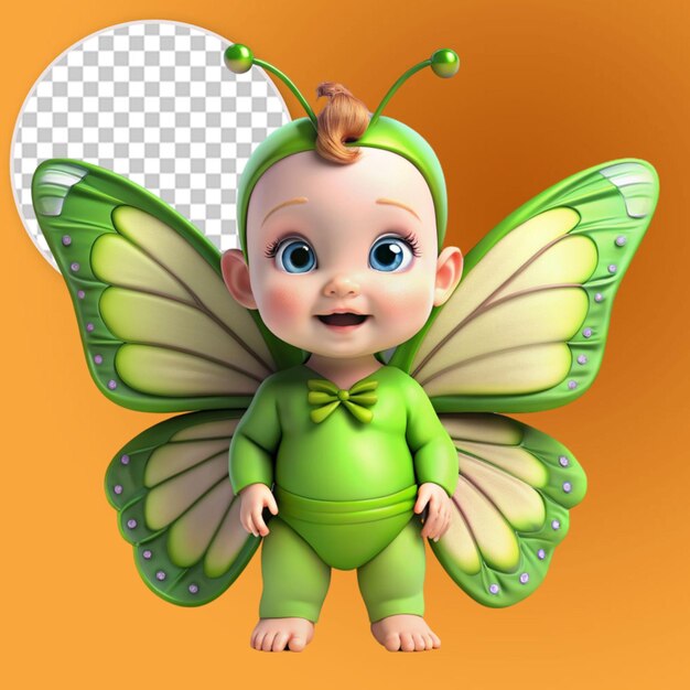 3d cute baby girl with green butterfly wings