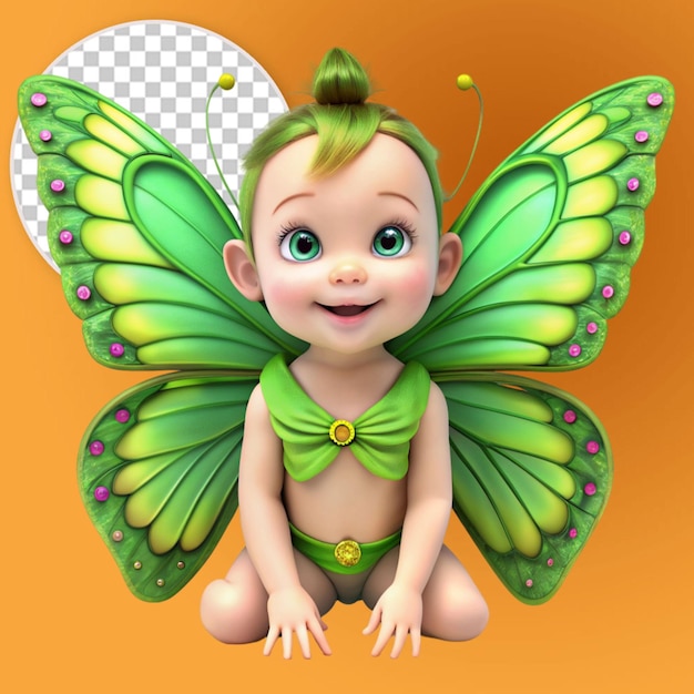 PSD 3d cute baby girl with green butterfly wings