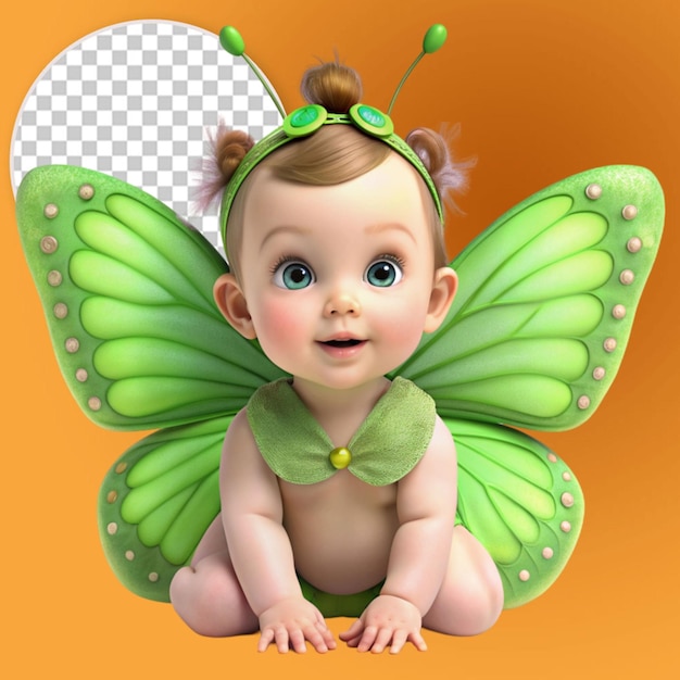 PSD 3d cute baby girl with green butterfly wings