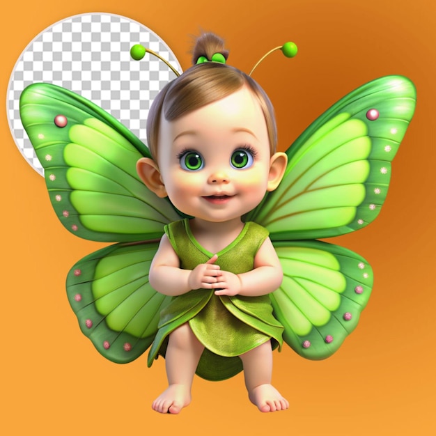 3d cute baby girl with green butterfly wings