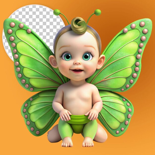 3d cute baby girl with green butterfly wings