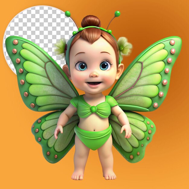 3d cute baby girl with green butterfly wings