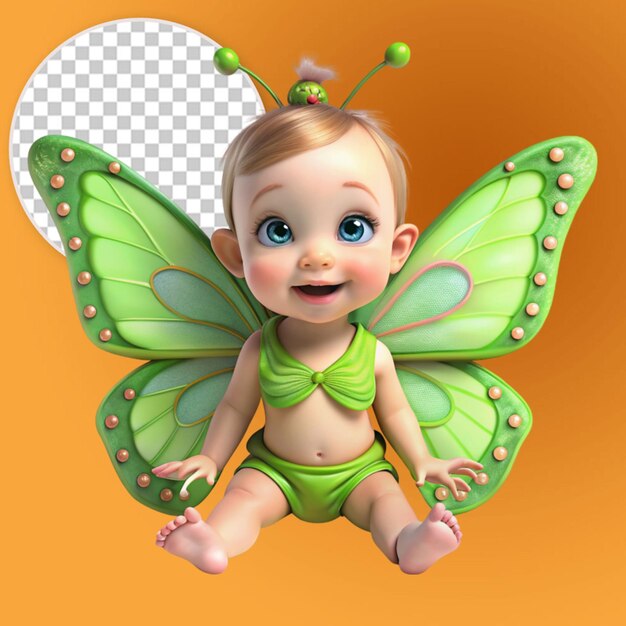 3d cute baby girl with green butterfly wings