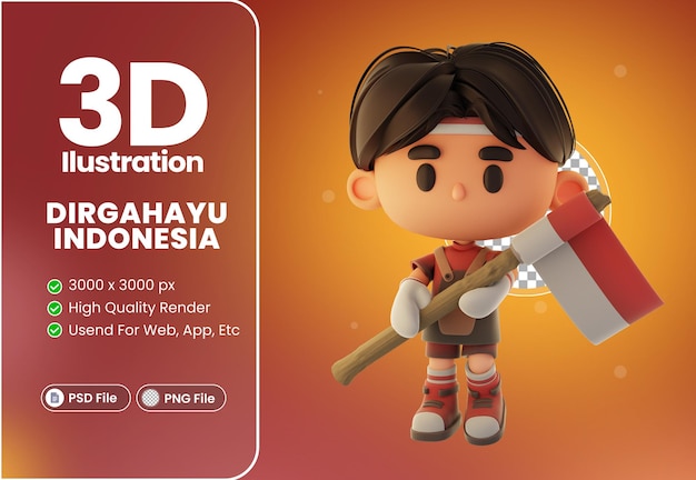 3d cute boy barista illustration character with Indonesian independence theme