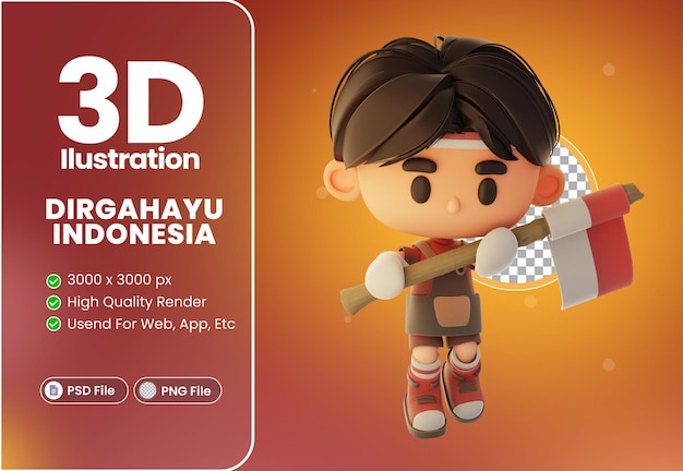 3d cute boy barista illustration character with Indonesian independence theme