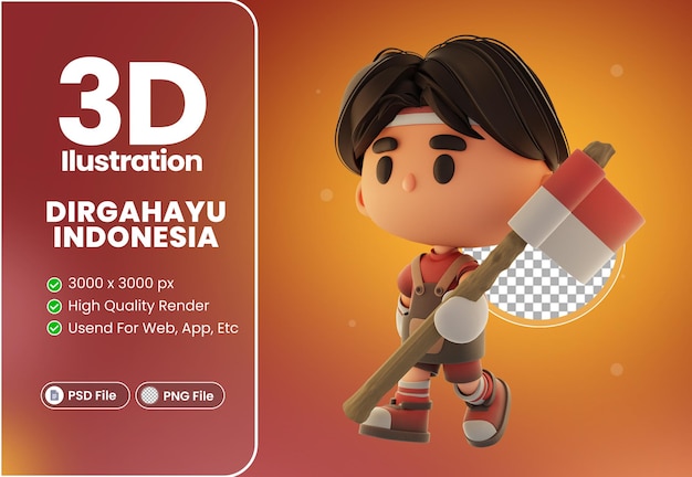 3d cute boy barista illustration character with Indonesian independence theme