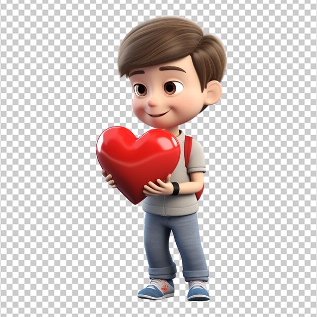 a 3d cute boy holding a red heart on white background