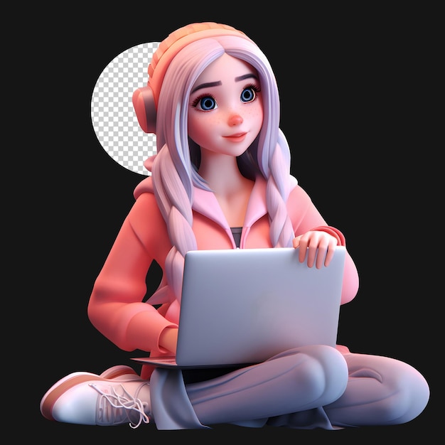 3d cute girl using her laptop on her lap for study purposes female student using notebook