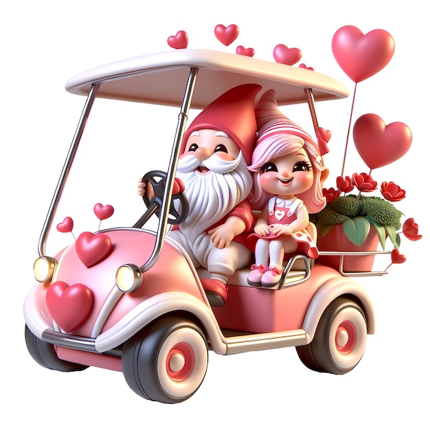 3d Cute Gnome Couple Golf Cart Valentine Clipart Illustration