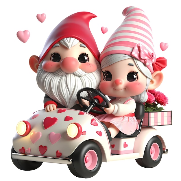 3d Cute Gnome Couple Golf Cart Valentine Clipart Illustration