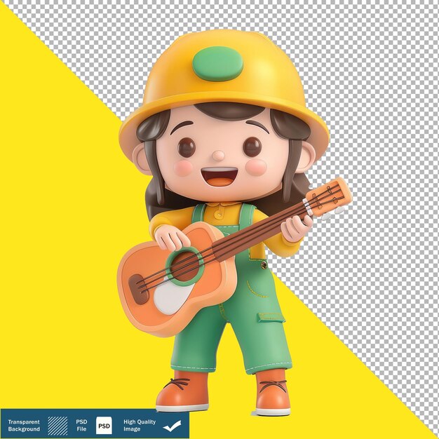 3D Cute Musician Playing Guitar Cartoon Transparent Background PNG PSD